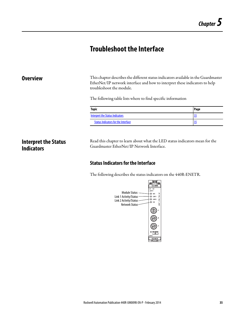 Troubleshoot the interface, Overview, Interpret the status indicators | Status indicators for the interface, Chapter 5, Overview interpret the status indicators, Chapter | Rockwell Automation 440R Guardmaster EtherNet/IP Network Interface User Manual User Manual | Page 35 / 64