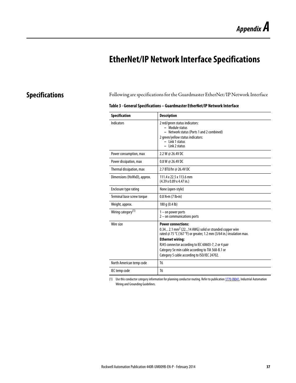 Ethernet/ip network interface specifications, Specifications, Appendix a | Appendix | Rockwell Automation 440R Guardmaster EtherNet/IP Network Interface User Manual User Manual | Page 37 / 64