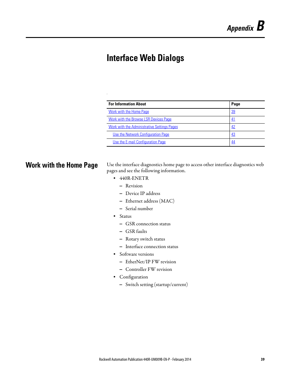 Interface web dialogs, Appendix b, Appendix | Work with the home page | Rockwell Automation 440R Guardmaster EtherNet/IP Network Interface User Manual User Manual | Page 39 / 64