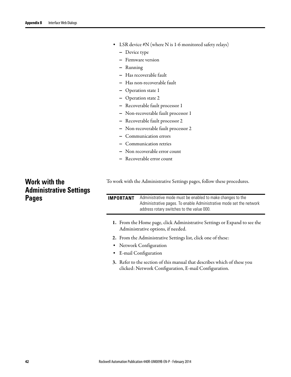 Work with the administrative settings pages | Rockwell Automation 440R Guardmaster EtherNet/IP Network Interface User Manual User Manual | Page 42 / 64