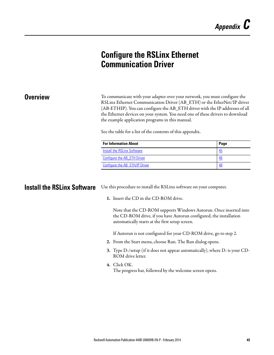 Configure the rslinx ethernet communication driver, Overview, Install the rslinx software | Appendix c, Overview install the rslinx software, Appendix | Rockwell Automation 440R Guardmaster EtherNet/IP Network Interface User Manual User Manual | Page 45 / 64