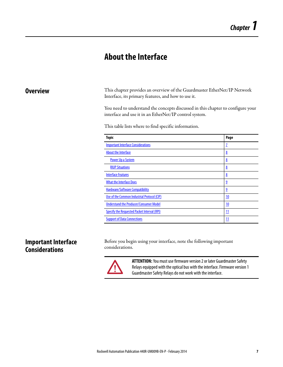 About the interface, Overview, Important interface considerations | Chapter 1, Overview important interface considerations, Chapter | Rockwell Automation 440R Guardmaster EtherNet/IP Network Interface User Manual User Manual | Page 7 / 64