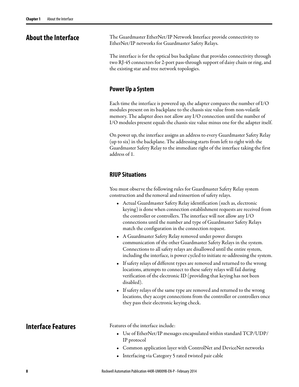 About the interface, Power up a system, Riup situations | Interface features, Power up a system riup situations | Rockwell Automation 440R Guardmaster EtherNet/IP Network Interface User Manual User Manual | Page 8 / 64