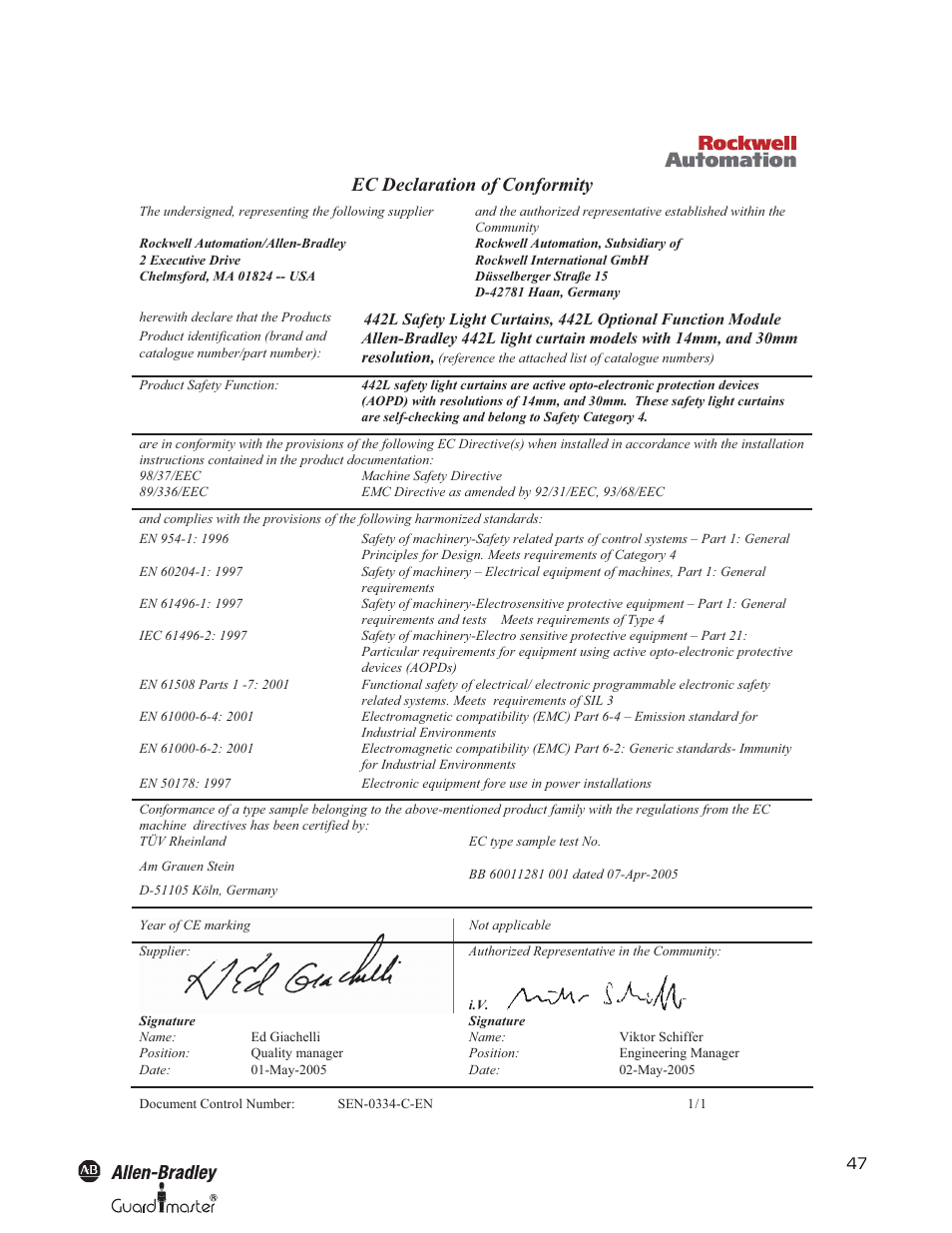 Ec declaration of conformity | Rockwell Automation 442L SafeShield Safety Light Curtain Hardware User Manual | Page 47 / 48