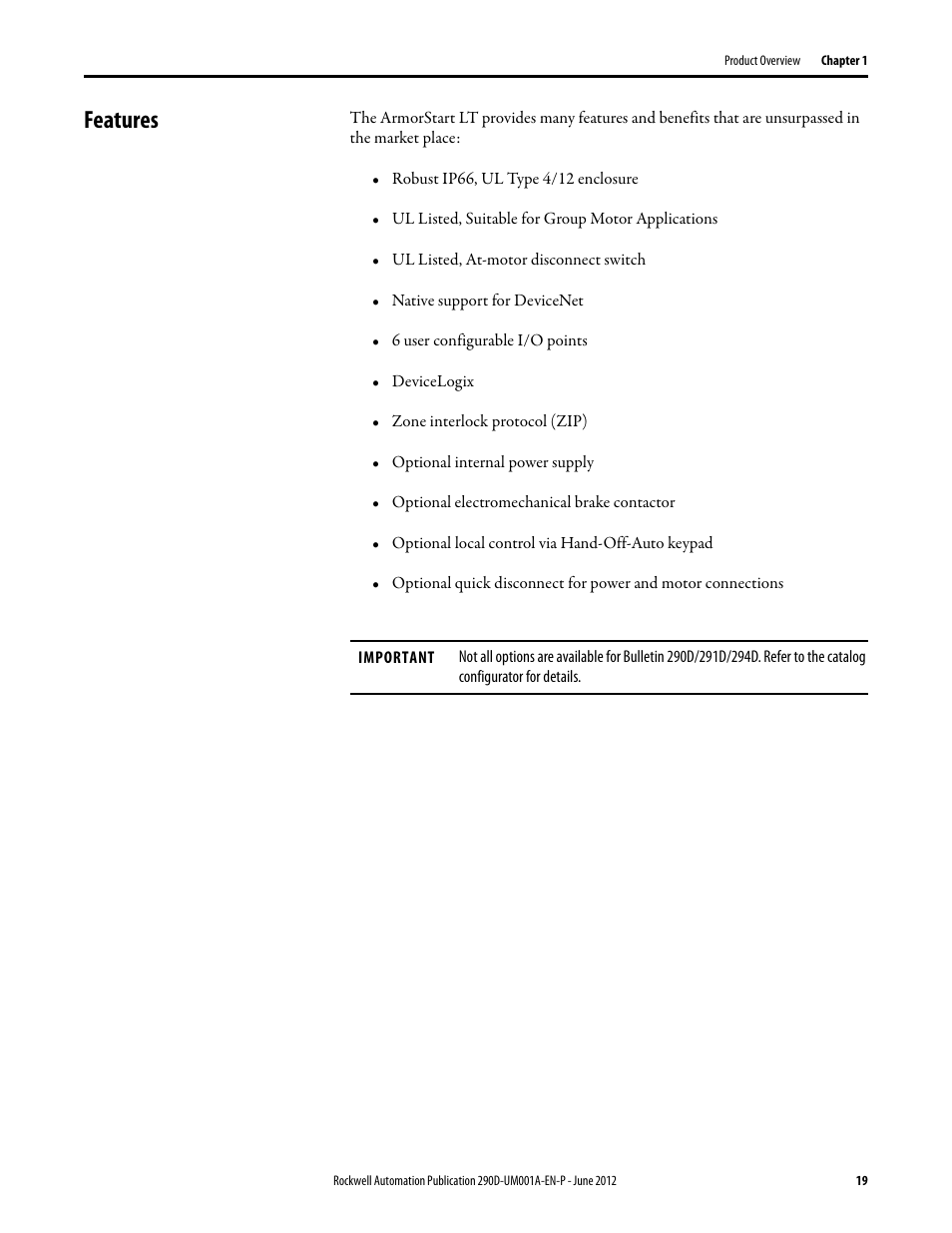 Features | Rockwell Automation 294D ArmorStart LT Distributed Motor Controller DeviceNet Version - User Manual User Manual | Page 19 / 254