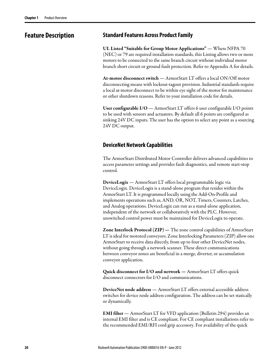 Feature description, Standard features across product family, Devicenet network capabilities | Rockwell Automation 294D ArmorStart LT Distributed Motor Controller DeviceNet Version - User Manual User Manual | Page 20 / 254