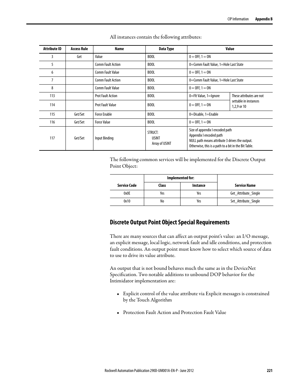 Discrete output point object special requirements | Rockwell Automation 294D ArmorStart LT Distributed Motor Controller DeviceNet Version - User Manual User Manual | Page 221 / 254
