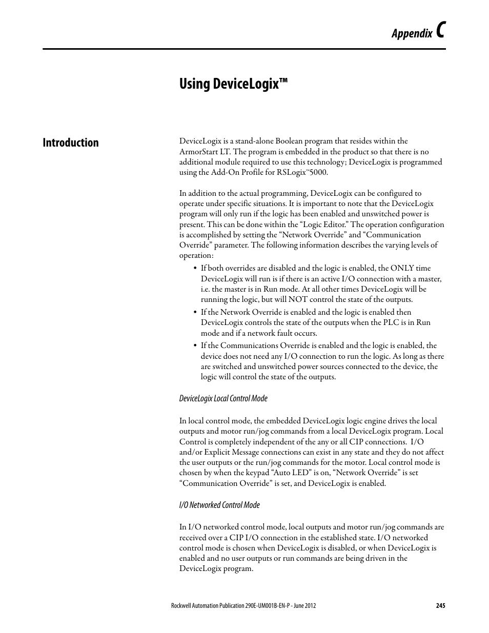 Appendix c, Using devicelogix, Introduction | Appendix | Rockwell Automation 294D ArmorStart LT Distributed Motor Controller DeviceNet Version - User Manual User Manual | Page 245 / 254