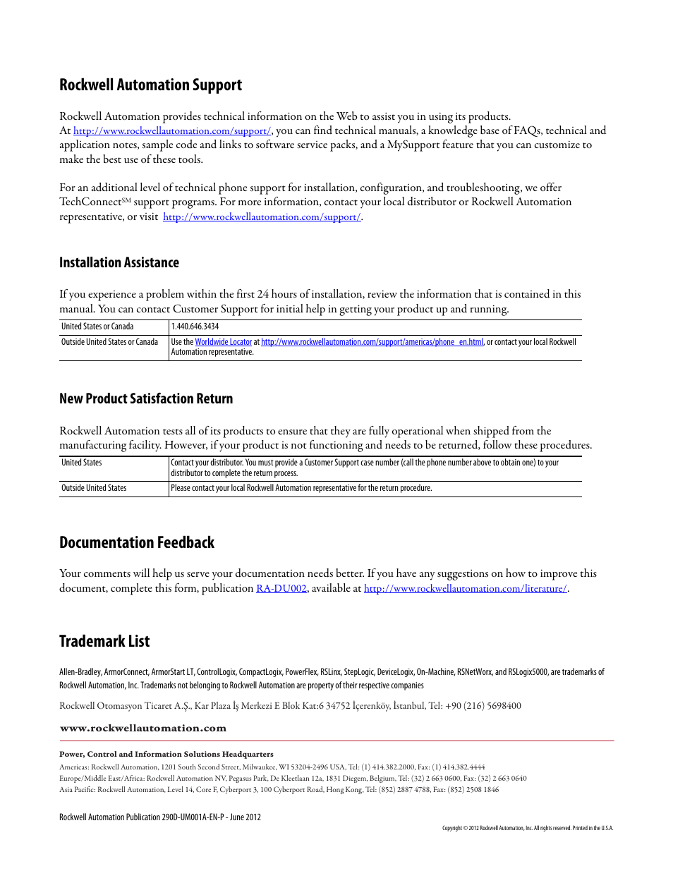 Rockwell automation support, Documentation feedback, Trademark list | Installation assistance, New product satisfaction return | Rockwell Automation 294D ArmorStart LT Distributed Motor Controller DeviceNet Version - User Manual User Manual | Page 254 / 254