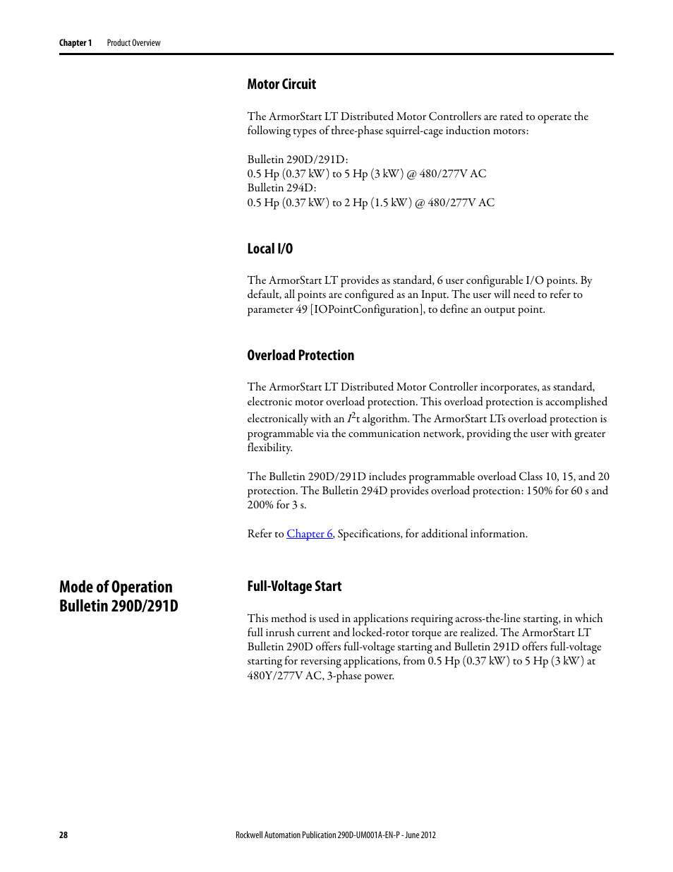 Motor circuit, Local i/o, Overload protection | Mode of operation bulletin 290d/291d, Full-voltage start | Rockwell Automation 294D ArmorStart LT Distributed Motor Controller DeviceNet Version - User Manual User Manual | Page 28 / 254