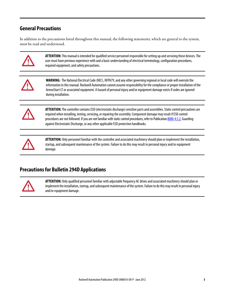 General precautions, Precautions for bulletin 294d applications | Rockwell Automation 294D ArmorStart LT Distributed Motor Controller DeviceNet Version - User Manual User Manual | Page 3 / 254