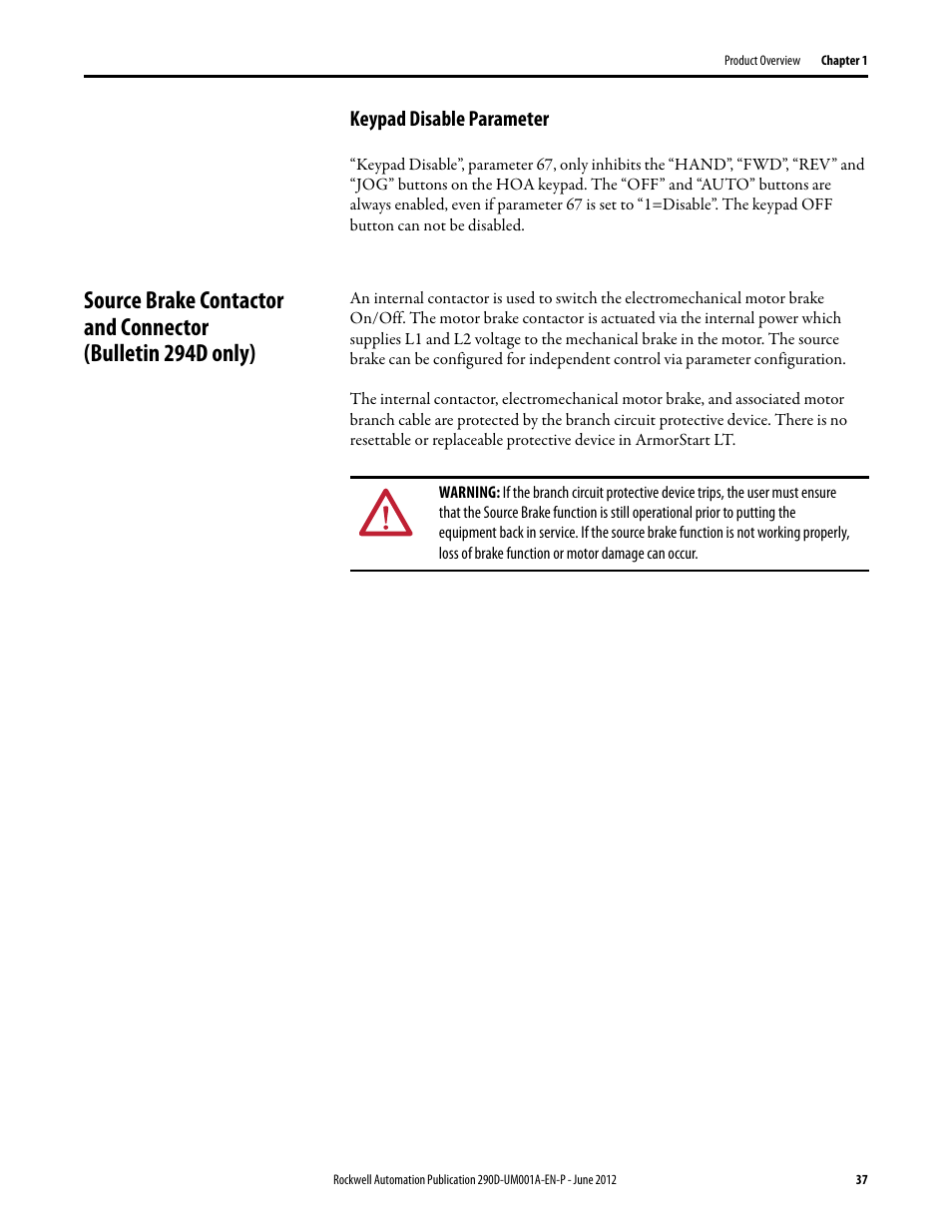 Keypad disable parameter | Rockwell Automation 294D ArmorStart LT Distributed Motor Controller DeviceNet Version - User Manual User Manual | Page 37 / 254