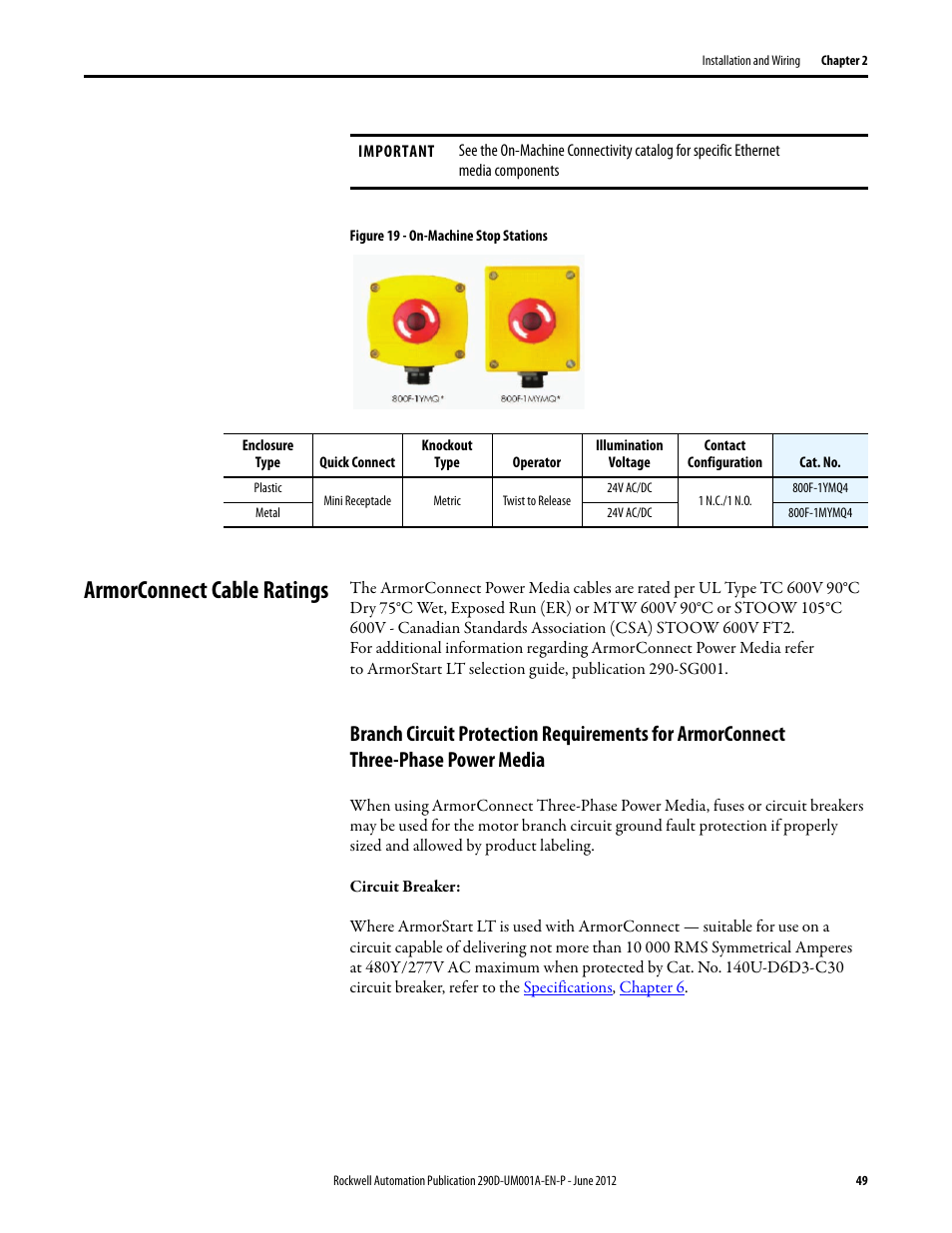 Armorconnect cable ratings | Rockwell Automation 294D ArmorStart LT Distributed Motor Controller DeviceNet Version - User Manual User Manual | Page 49 / 254