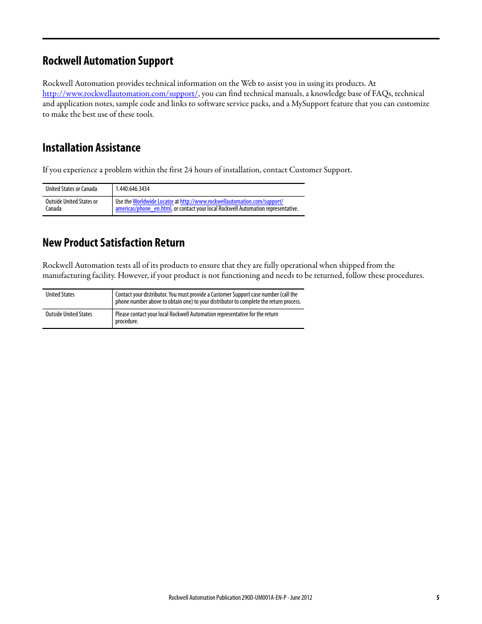 Rockwell automation support, Installation assistance, New product satisfaction return | Rockwell Automation 294D ArmorStart LT Distributed Motor Controller DeviceNet Version - User Manual User Manual | Page 5 / 254