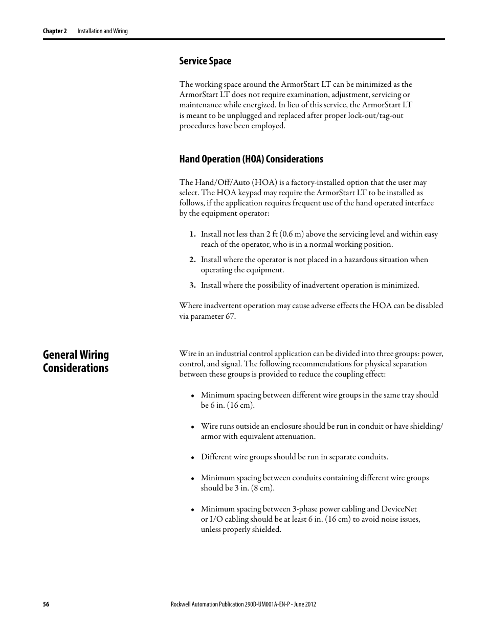 Service space, Hand operation (hoa) considerations, General wiring considerations | Rockwell Automation 294D ArmorStart LT Distributed Motor Controller DeviceNet Version - User Manual User Manual | Page 56 / 254