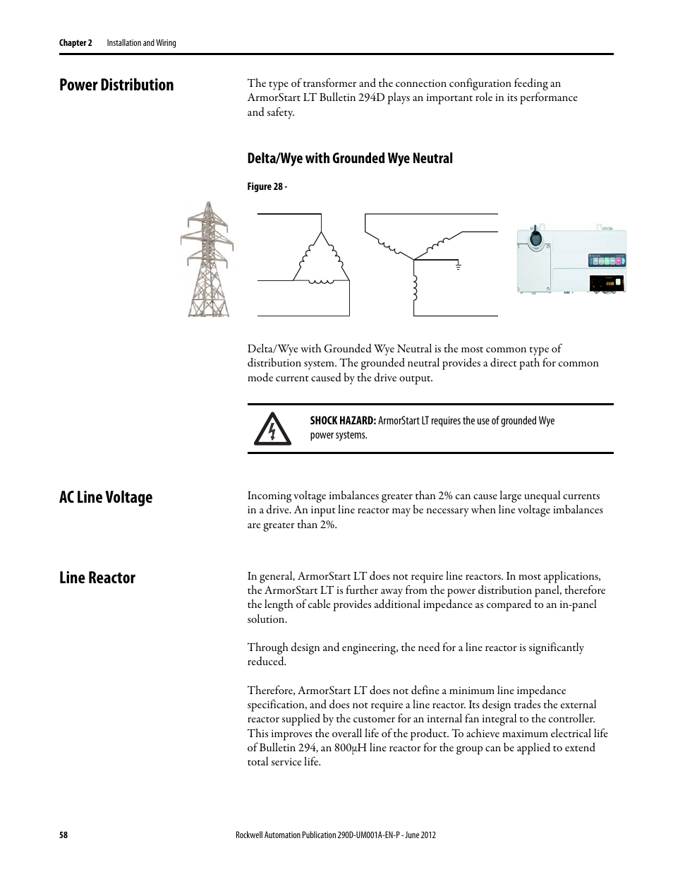 Power distribution, Delta/wye with grounded wye neutral, Ac line voltage | Line reactor | Rockwell Automation 294D ArmorStart LT Distributed Motor Controller DeviceNet Version - User Manual User Manual | Page 58 / 254