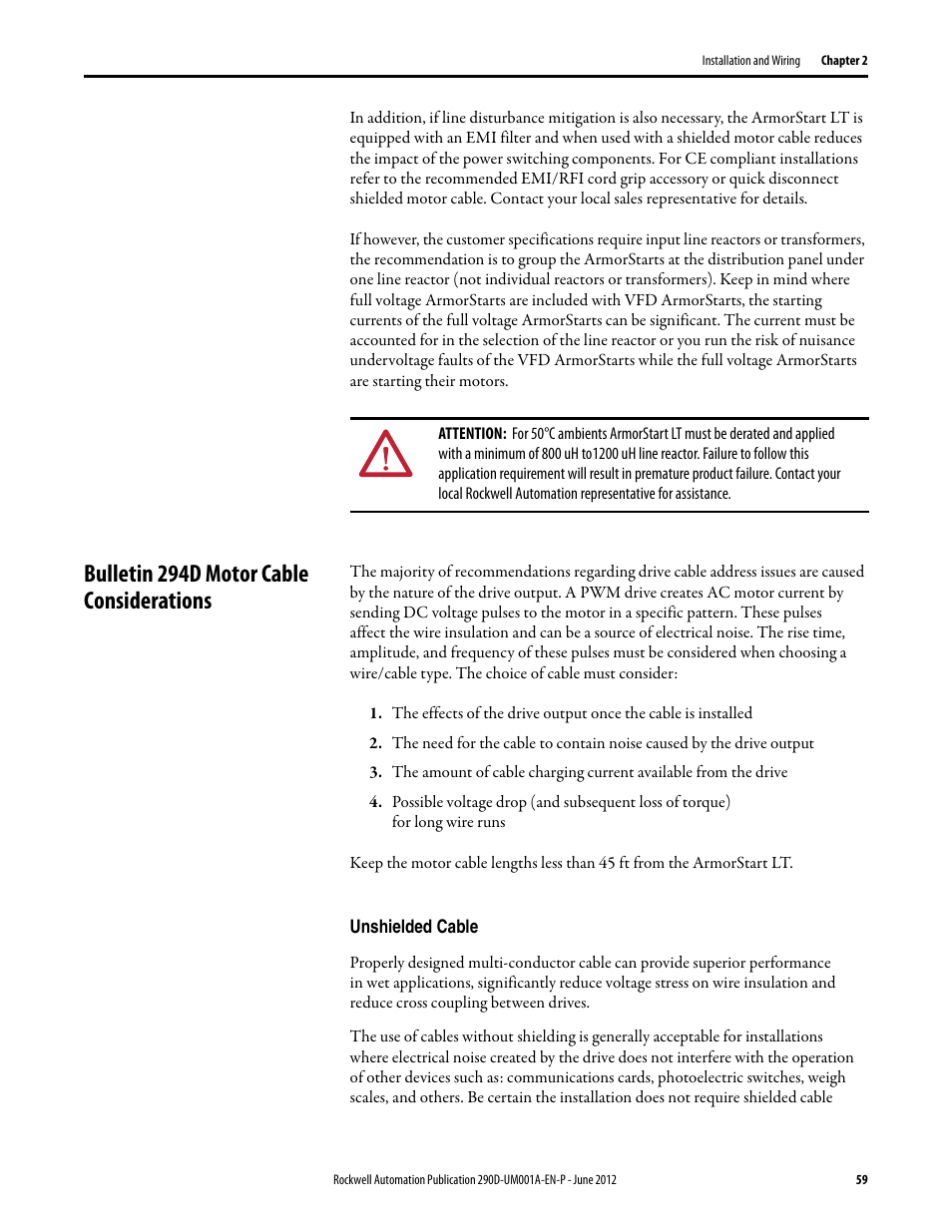 Bulletin 294d motor cable considerations, Unshielded cable | Rockwell Automation 294D ArmorStart LT Distributed Motor Controller DeviceNet Version - User Manual User Manual | Page 59 / 254