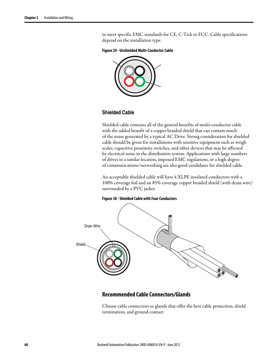 Shielded cable, Recommended cable connectors/glands | Rockwell Automation 294D ArmorStart LT Distributed Motor Controller DeviceNet Version - User Manual User Manual | Page 60 / 254