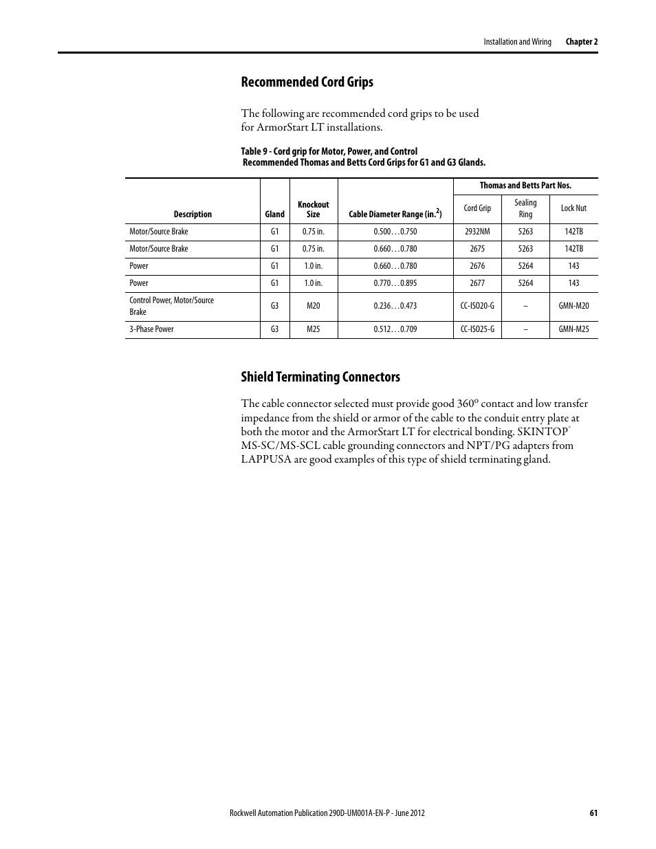 Recommended cord grips, Shield terminating connectors | Rockwell Automation 294D ArmorStart LT Distributed Motor Controller DeviceNet Version - User Manual User Manual | Page 61 / 254