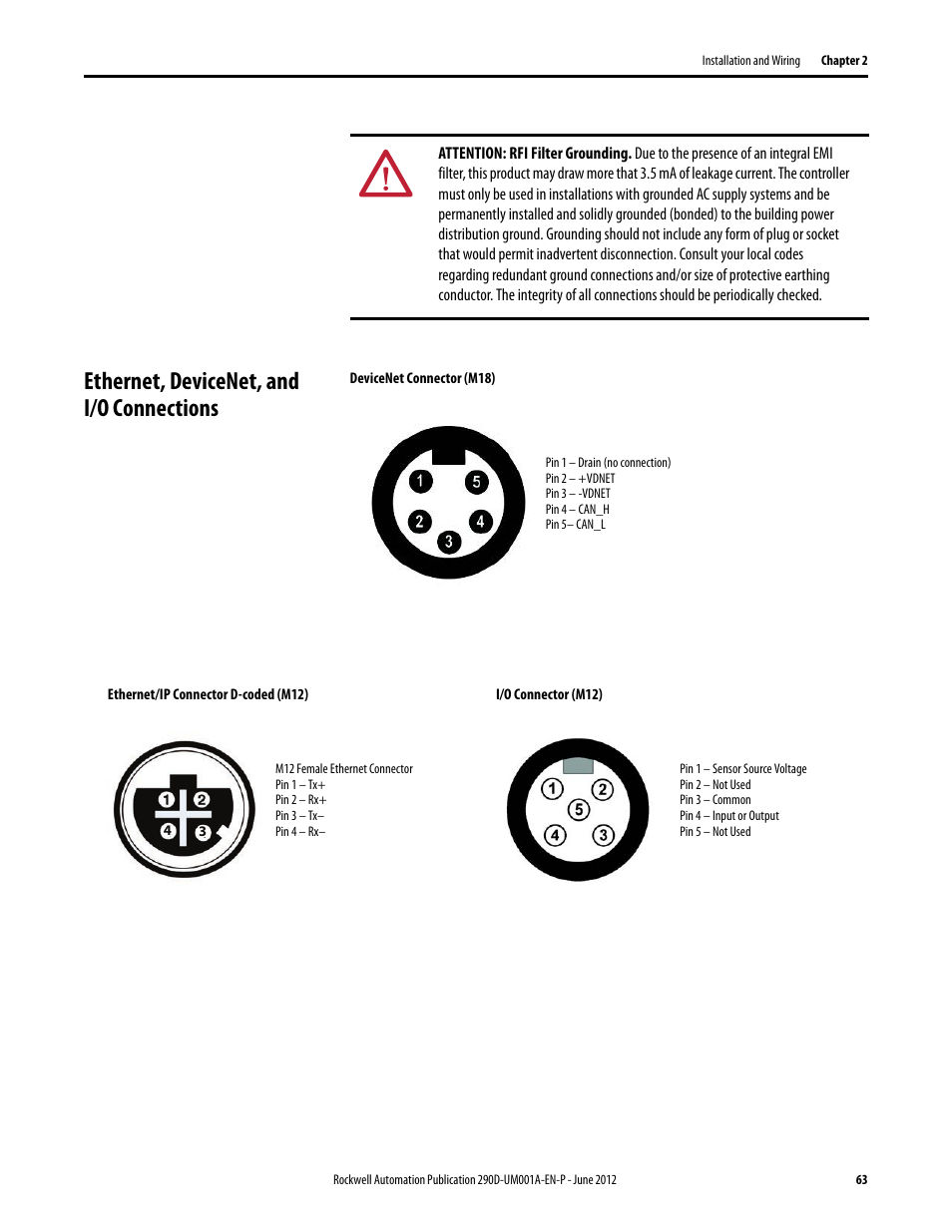 Ethernet, devicenet, and i/o connections, Devicenet connector (m18) | Rockwell Automation 294D ArmorStart LT Distributed Motor Controller DeviceNet Version - User Manual User Manual | Page 63 / 254