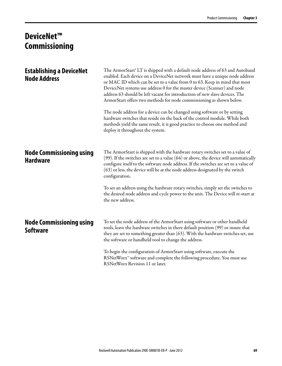 Devicenet™ commissioning, Establishing a devicenet node address, Node commissioning using hardware | Node commissioning using software | Rockwell Automation 294D ArmorStart LT Distributed Motor Controller DeviceNet Version - User Manual User Manual | Page 69 / 254