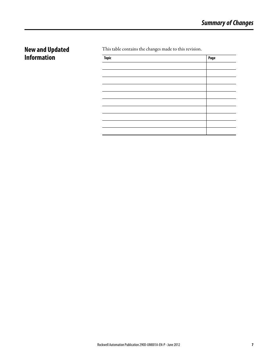 Summary of changes, New and updated information, Summary of changes new and updated information | Rockwell Automation 294D ArmorStart LT Distributed Motor Controller DeviceNet Version - User Manual User Manual | Page 7 / 254