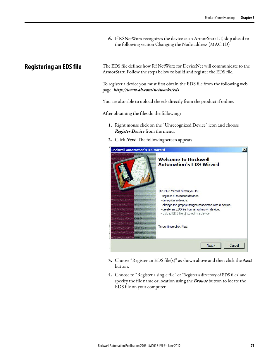 Registering an eds file | Rockwell Automation 294D ArmorStart LT Distributed Motor Controller DeviceNet Version - User Manual User Manual | Page 71 / 254