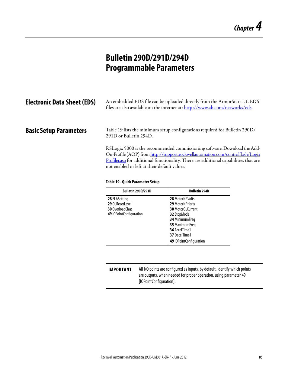 Chapter 4, Bulletin 290d/291d/294d programmable parameters, Electronic data sheet (eds) | Basic setup parameters, Chapter | Rockwell Automation 294D ArmorStart LT Distributed Motor Controller DeviceNet Version - User Manual User Manual | Page 85 / 254