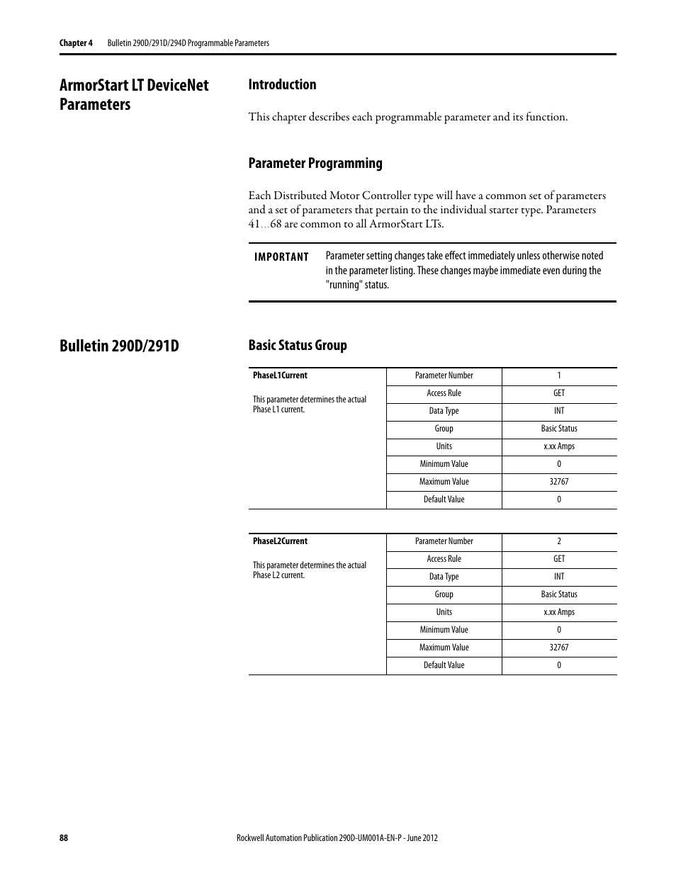 Armorstart lt devicenet parameters, Introduction, Parameter programming | Bulletin 290d/291d, Basic status group | Rockwell Automation 294D ArmorStart LT Distributed Motor Controller DeviceNet Version - User Manual User Manual | Page 88 / 254