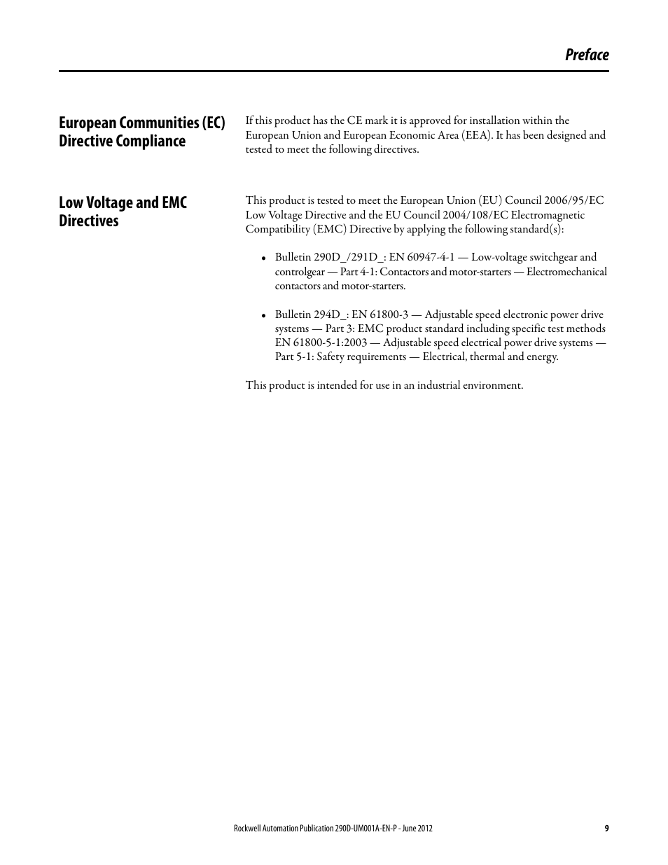 Preface, European communities (ec) directive compliance, Low voltage and emc directives | Rockwell Automation 294D ArmorStart LT Distributed Motor Controller DeviceNet Version - User Manual User Manual | Page 9 / 254