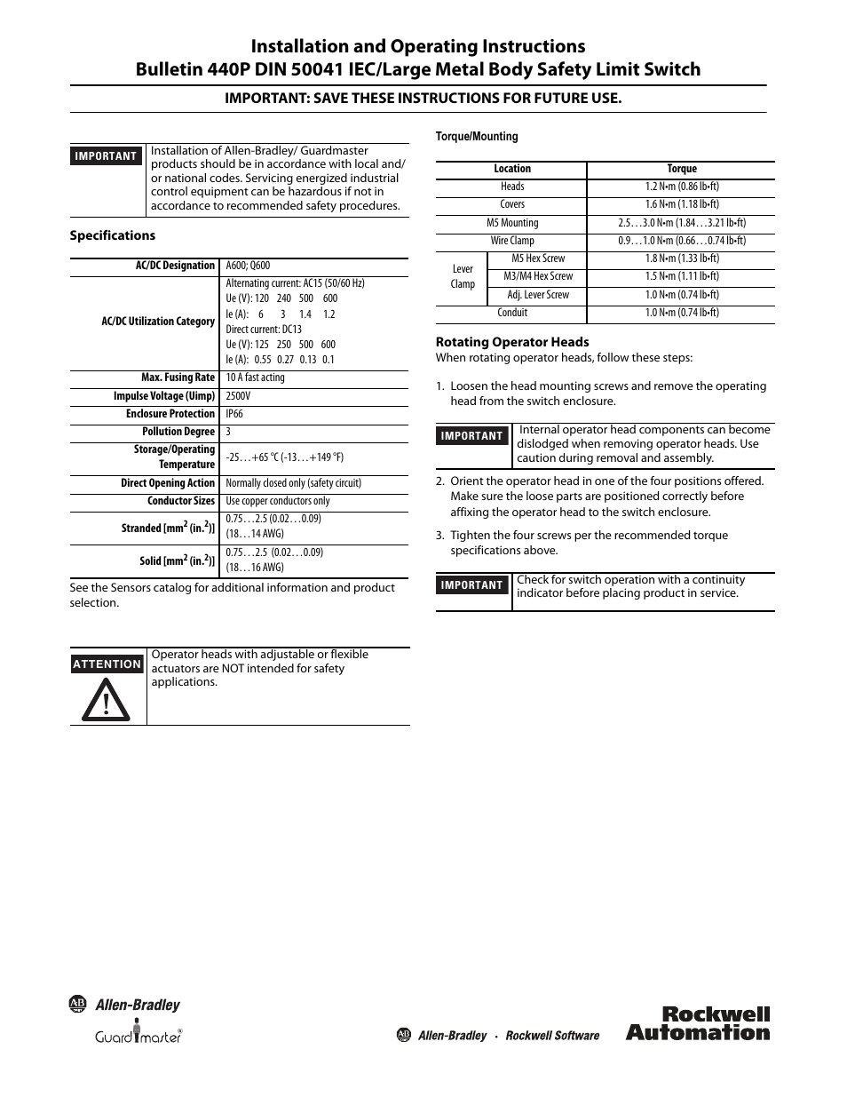 Rockwell Automation 440P Bulletin 440P DIN 50041 IEC/Large Metal Body Safety Limit Switch User Manual | 4 pages