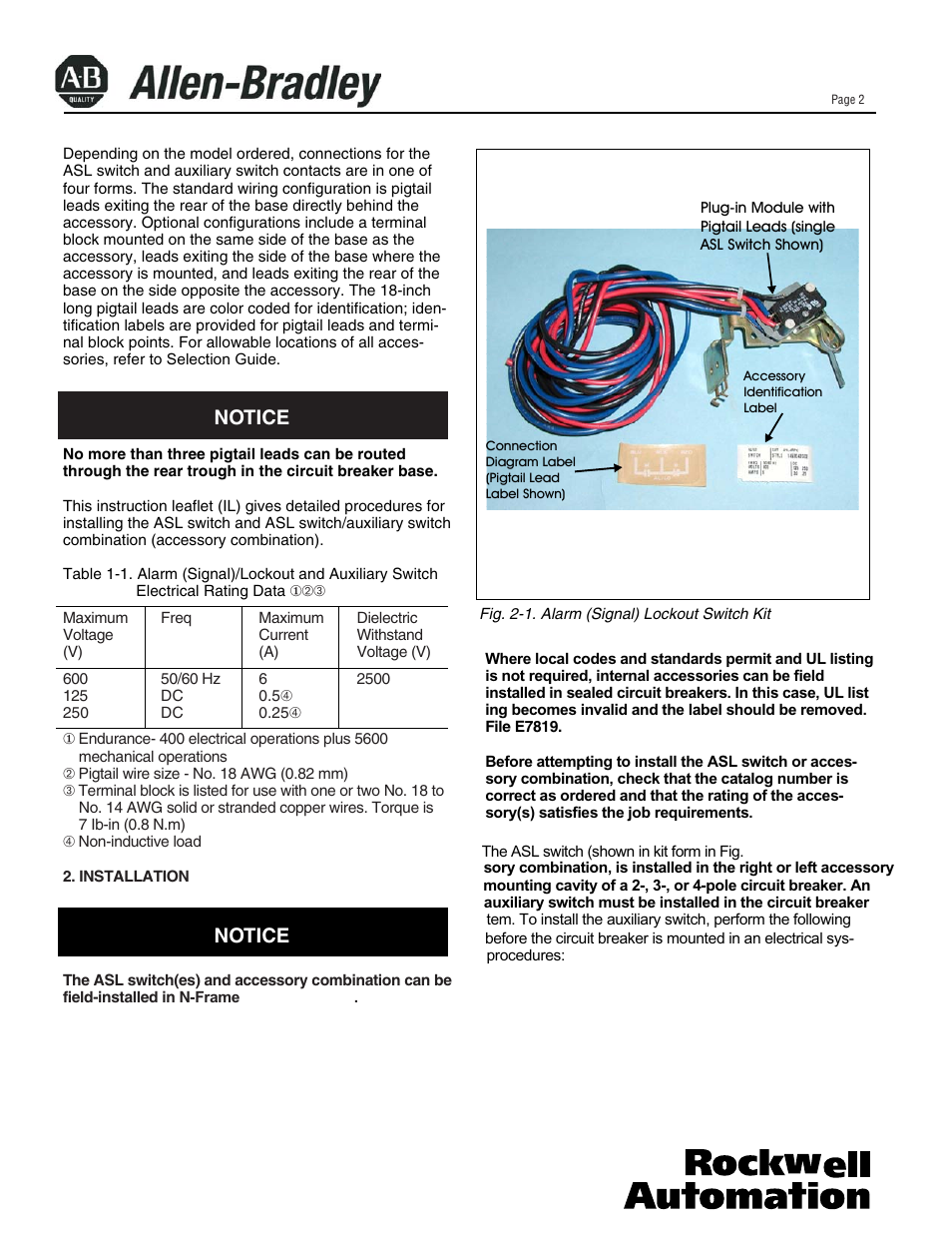 Notice | Rockwell Automation 140U N-Frame CB Alarm Switch and Alarm Auxiliary Switch Combination User Manual | Page 2 / 6