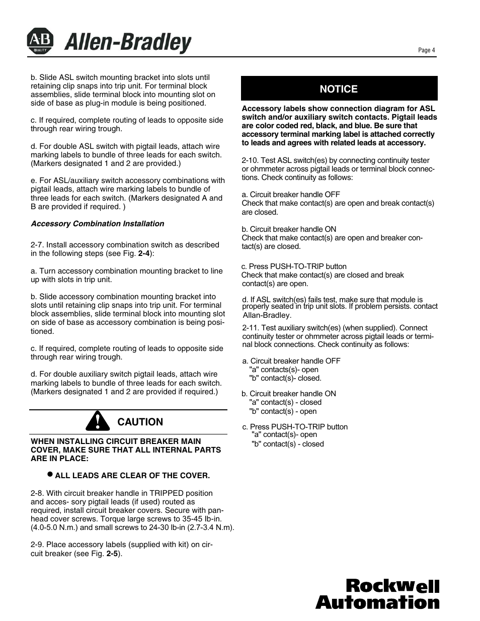 Notice, Caution | Rockwell Automation 140U N-Frame CB Alarm Switch and Alarm Auxiliary Switch Combination User Manual | Page 4 / 6