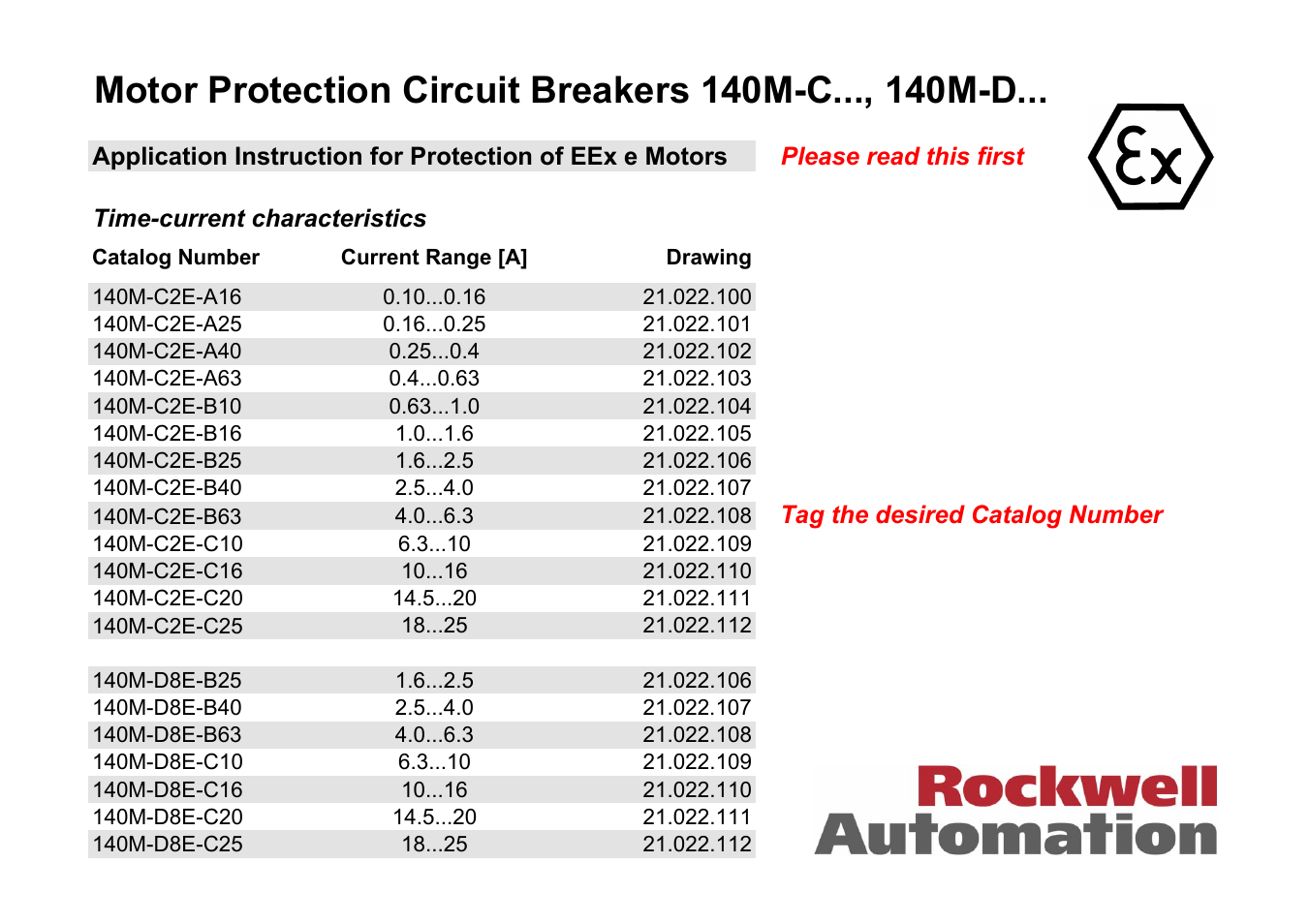 Rockwell Automation 140M-D8E-... Motor Protection Circuit Breaker, Protection of EEx e Motors User Manual | 18 pages