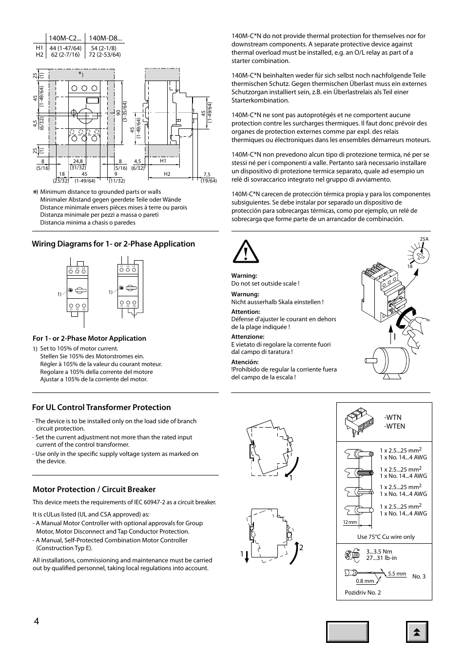 Print, For ul control transformer protection, Wiring diagrams for 1- or 2-phase application | Motor protection / circuit breaker | Rockwell Automation 140M-D8E-... Motor Protection Circuit Breaker, Protection of EEx e Motors User Manual | Page 5 / 18