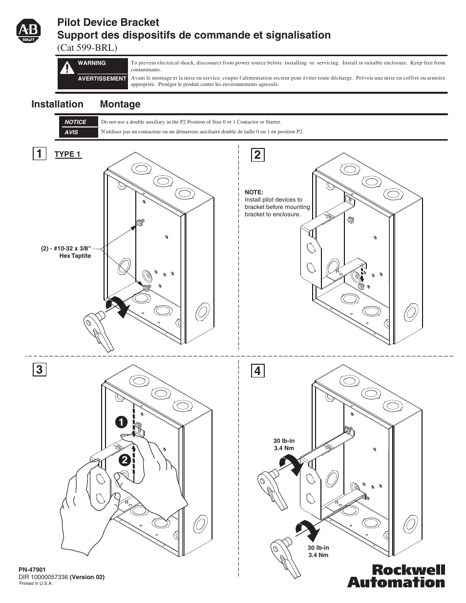 Rockwell Automation 599-BRL Pilot Device Bracket User Manual | 2 pages