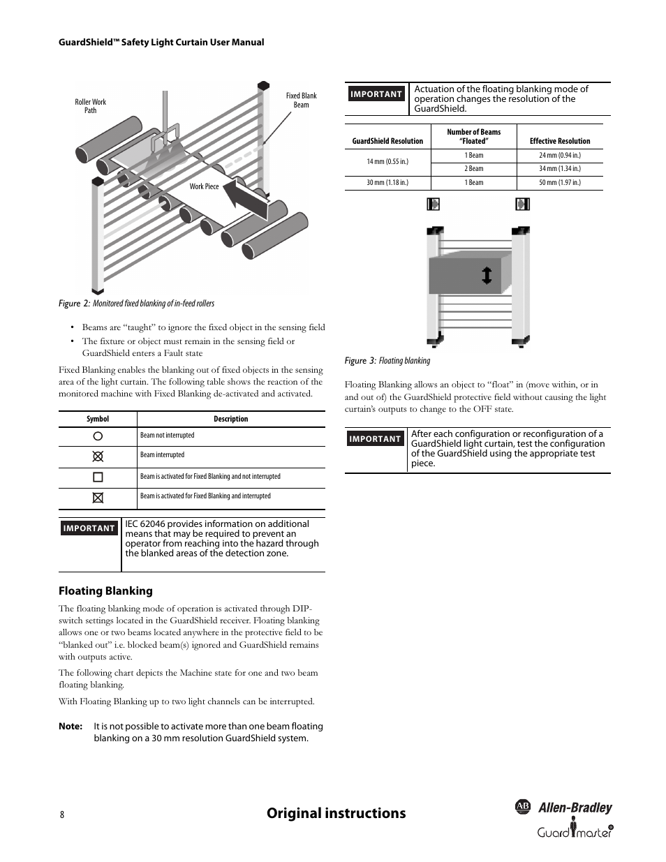 Original instructions, Floating blanking | Rockwell Automation 440L GuardShield Type 4 and Remote Teach User Manual User Manual | Page 10 / 44