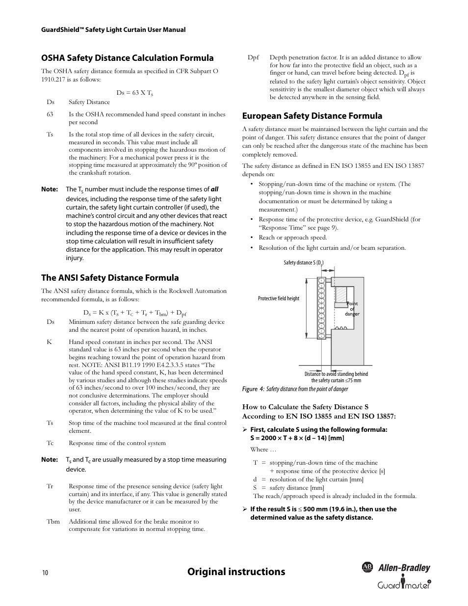 Original instructions, Osha safety distance calculation formula, The ansi safety distance formula | European safety distance formula | Rockwell Automation 440L GuardShield Type 4 and Remote Teach User Manual User Manual | Page 12 / 44