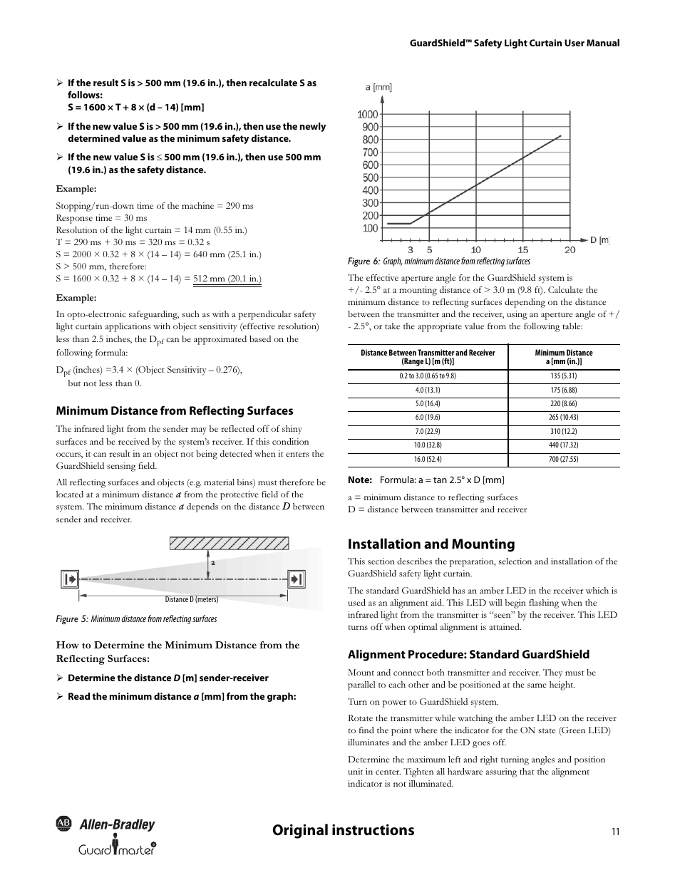 Original instructions, Installation and mounting, Minimum distance from reflecting surfaces | Alignment procedure: standard guardshield | Rockwell Automation 440L GuardShield Type 4 and Remote Teach User Manual User Manual | Page 13 / 44