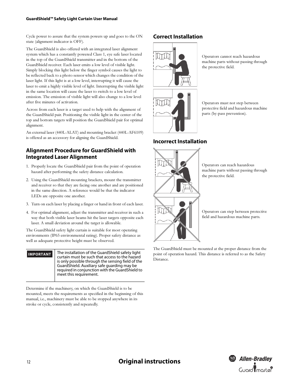 Original instructions, Correct installation incorrect installation | Rockwell Automation 440L GuardShield Type 4 and Remote Teach User Manual User Manual | Page 14 / 44