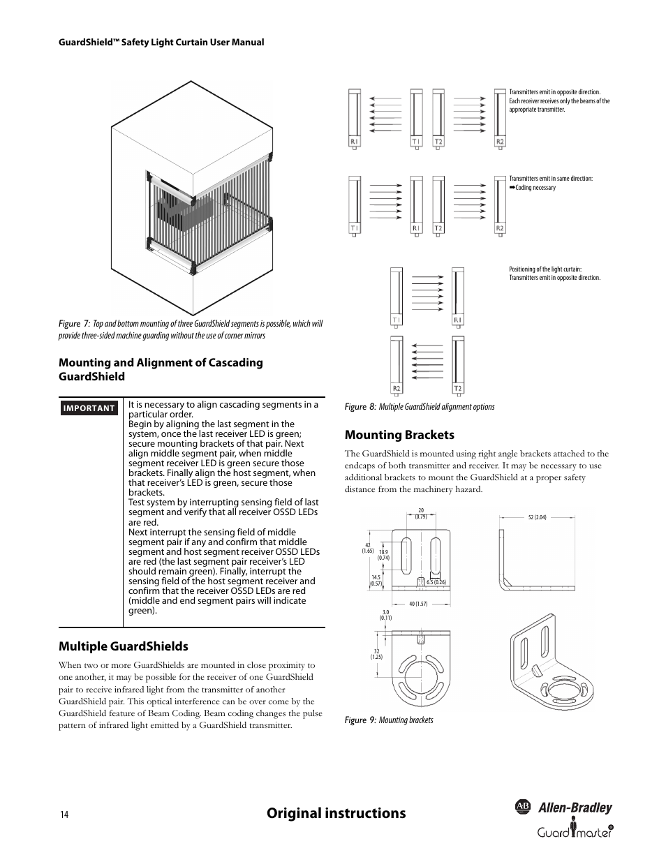 Original instructions, Multiple guardshields, Mounting brackets | Mounting and alignment of cascading guardshield | Rockwell Automation 440L GuardShield Type 4 and Remote Teach User Manual User Manual | Page 16 / 44