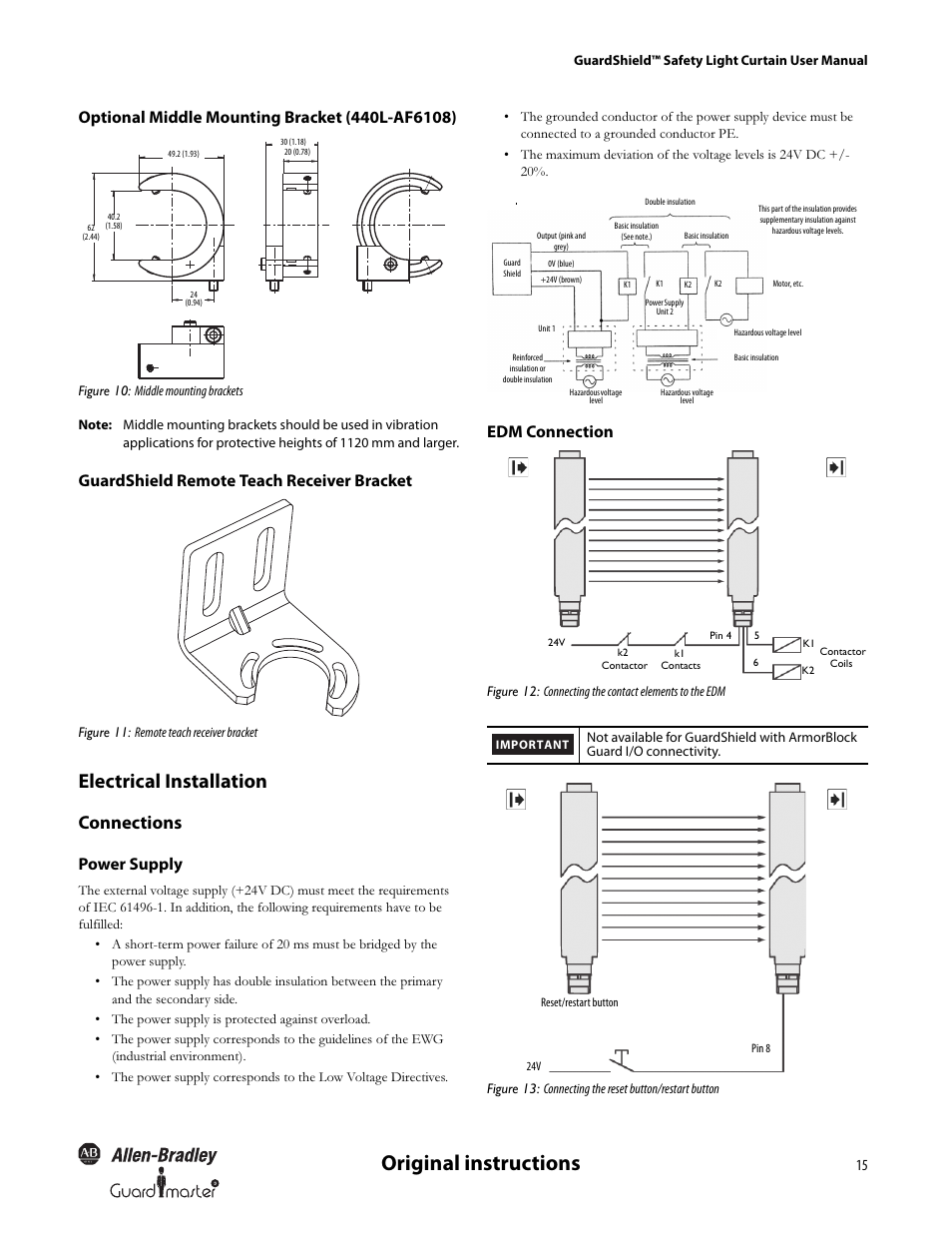 Original instructions, Electrical installation, Connections | Guardshield remote teach receiver bracket, Power supply, Edm connection | Rockwell Automation 440L GuardShield Type 4 and Remote Teach User Manual User Manual | Page 17 / 44