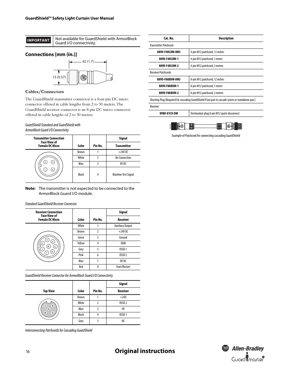 Original instructions, Connections [mm (in.), Cables/connectors | Rockwell Automation 440L GuardShield Type 4 and Remote Teach User Manual User Manual | Page 18 / 44