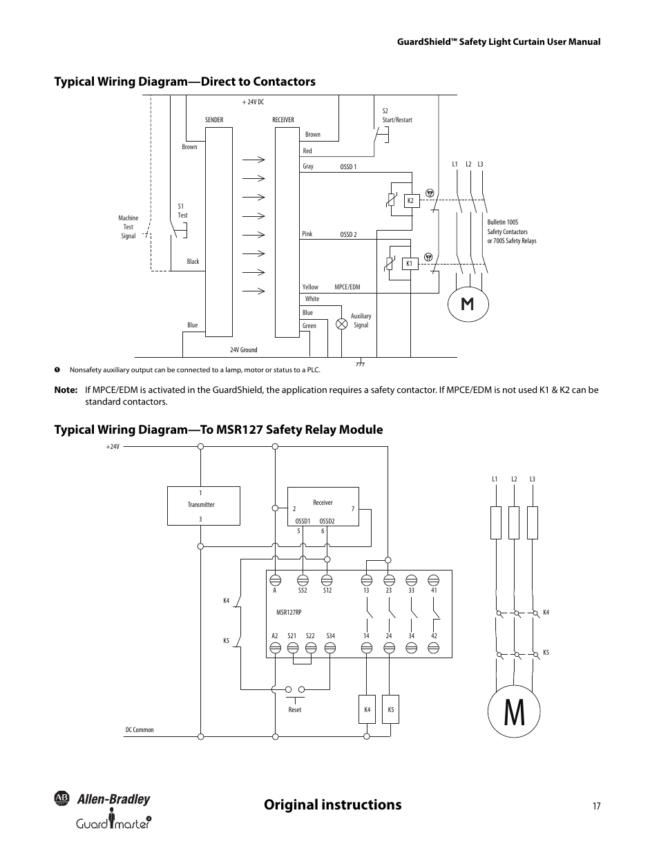 Original instructions, Typical wiring diagram—direct to contactors | Rockwell Automation 440L GuardShield Type 4 and Remote Teach User Manual User Manual | Page 19 / 44