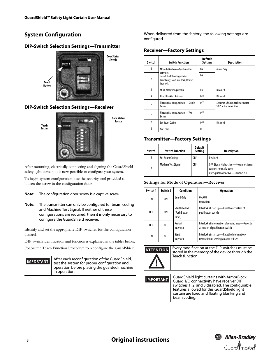 Original instructions, System configuration | Rockwell Automation 440L GuardShield Type 4 and Remote Teach User Manual User Manual | Page 20 / 44