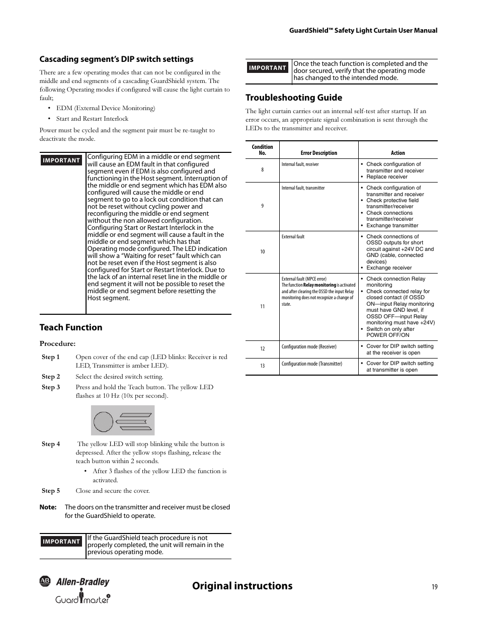 Original instructions, Teach function, Troubleshooting guide | Cascading segment’s dip switch settings | Rockwell Automation 440L GuardShield Type 4 and Remote Teach User Manual User Manual | Page 21 / 44