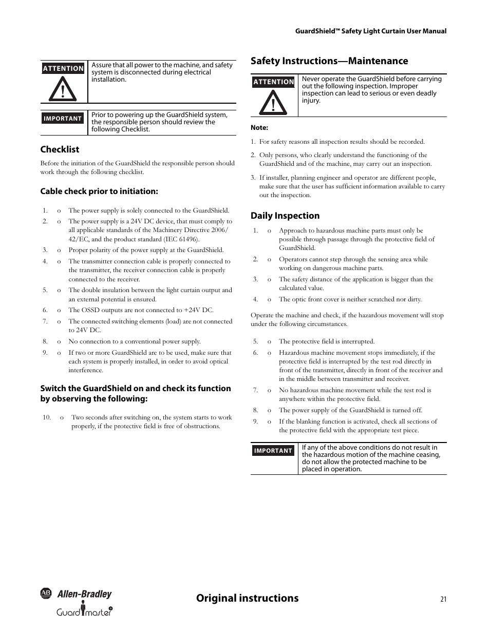Original instructions, Safety instructions—maintenance, Checklist | Daily inspection | Rockwell Automation 440L GuardShield Type 4 and Remote Teach User Manual User Manual | Page 23 / 44