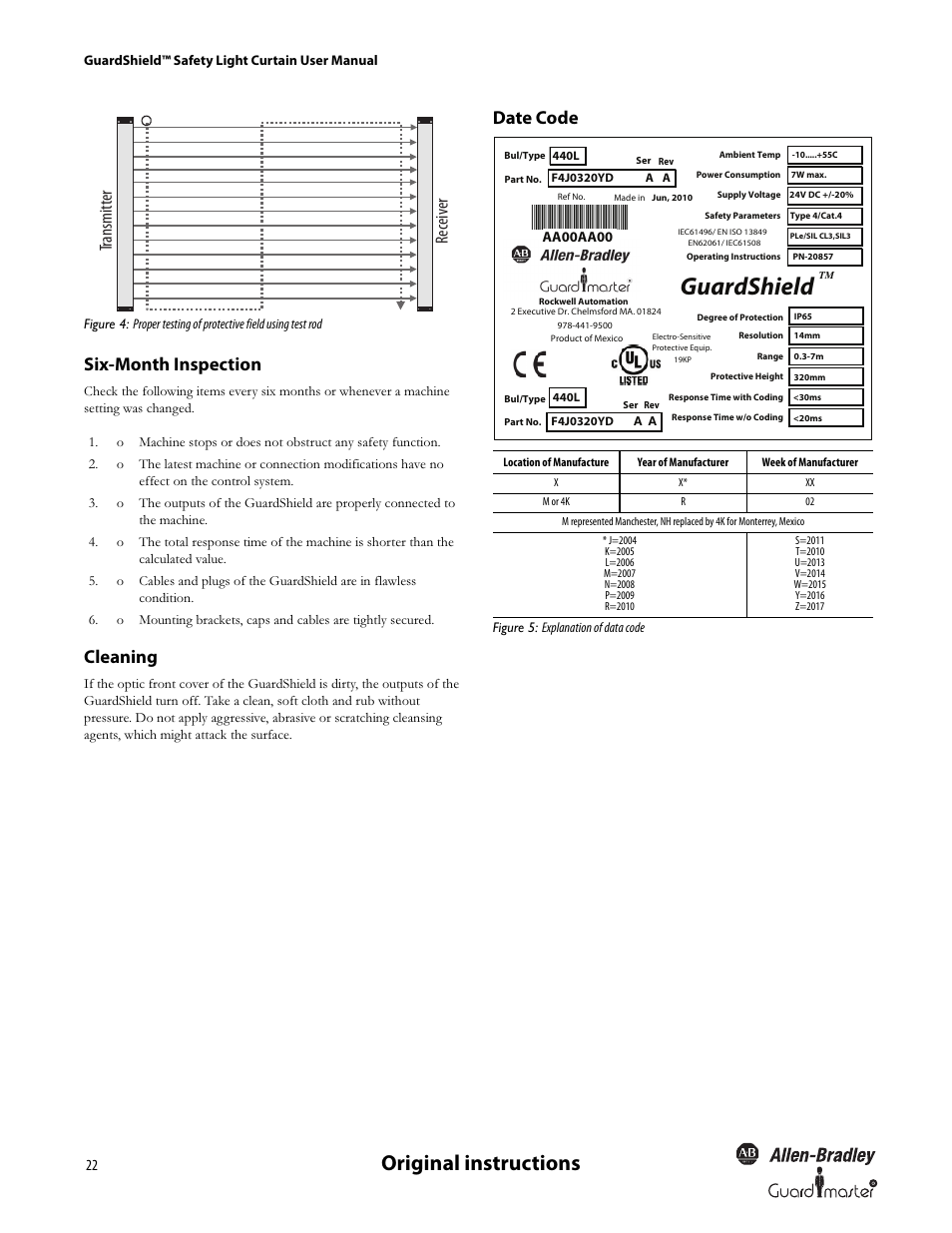 Guardshield, Original instructions, Six-month inspection | Cleaning, Date code, Tr ansmitt er rec eiv er | Rockwell Automation 440L GuardShield Type 4 and Remote Teach User Manual User Manual | Page 24 / 44