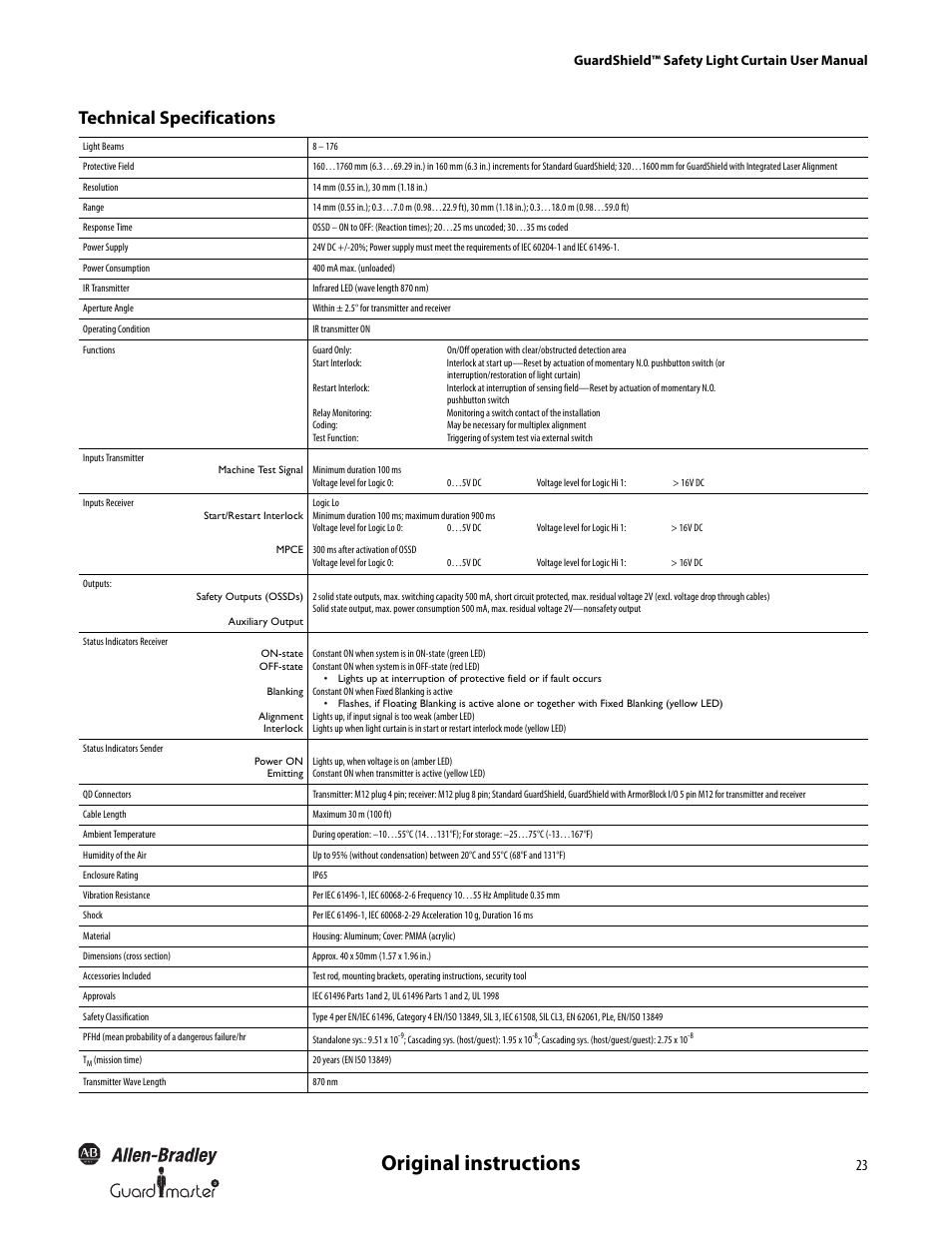 Original instructions, Technical specifications, Guardshield™ safety light curtain user manual | Rockwell Automation 440L GuardShield Type 4 and Remote Teach User Manual User Manual | Page 25 / 44