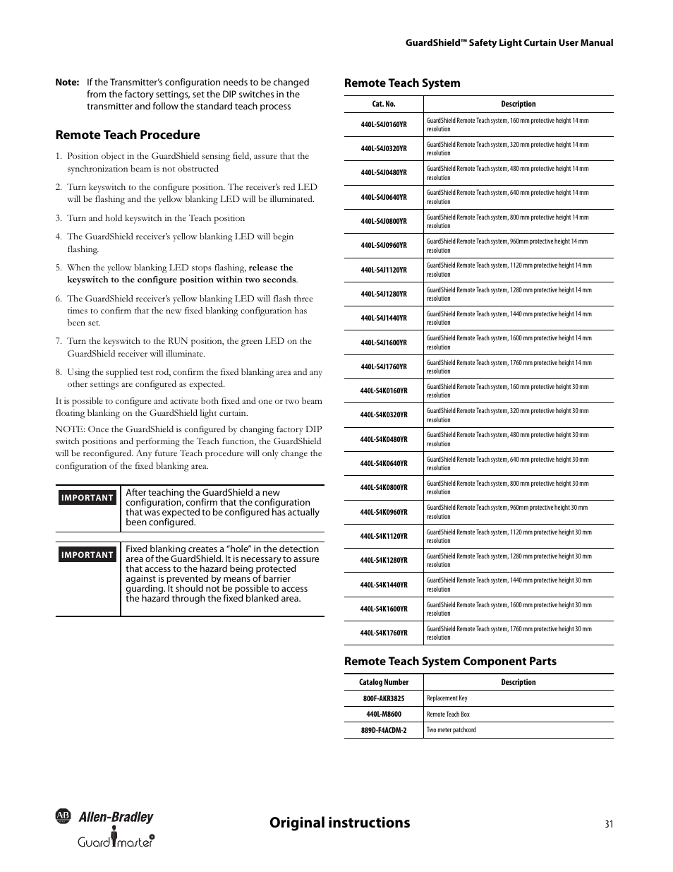 Original instructions, Remote teach procedure | Rockwell Automation 440L GuardShield Type 4 and Remote Teach User Manual User Manual | Page 33 / 44